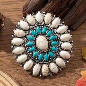 South Western Brooch Vintage Inspired Turquoise Pin Bohemian Style Blue & White